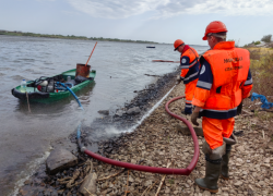 Чистили три дня: в Астрахани из Волги удалили 1350 килограмм нефтепродуктов